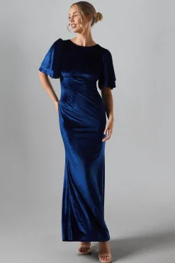 Angel Sleeve Tie Back Velvet Bridesmaid Maxi Dress