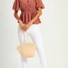 Angel Sleeve V Neck Top/Blouse In Rusty Red Dot Print