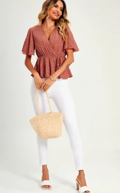 Angel Sleeve V Neck Top/Blouse In Rusty Red Dot Print