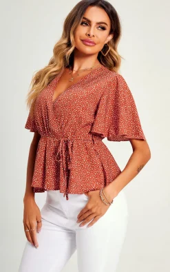 Angel Sleeve V Neck Top/Blouse In Rusty Red Dot Print