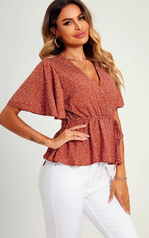 Angel Sleeve V Neck Top/Blouse In Rusty Red Dot Print