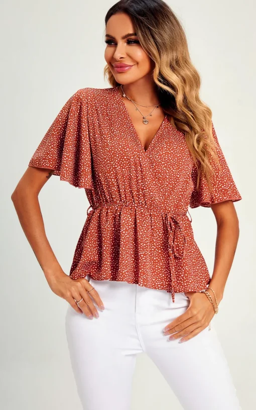 Angel Sleeve V Neck Top/Blouse In Rusty Red Dot Print