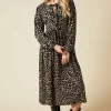 Animal Bow Tie Front Long Sleeve Midi Dress