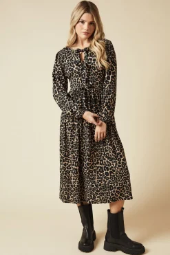 Animal Bow Tie Front Long Sleeve Midi Dress