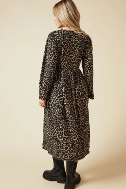 Animal Bow Tie Front Long Sleeve Midi Dress