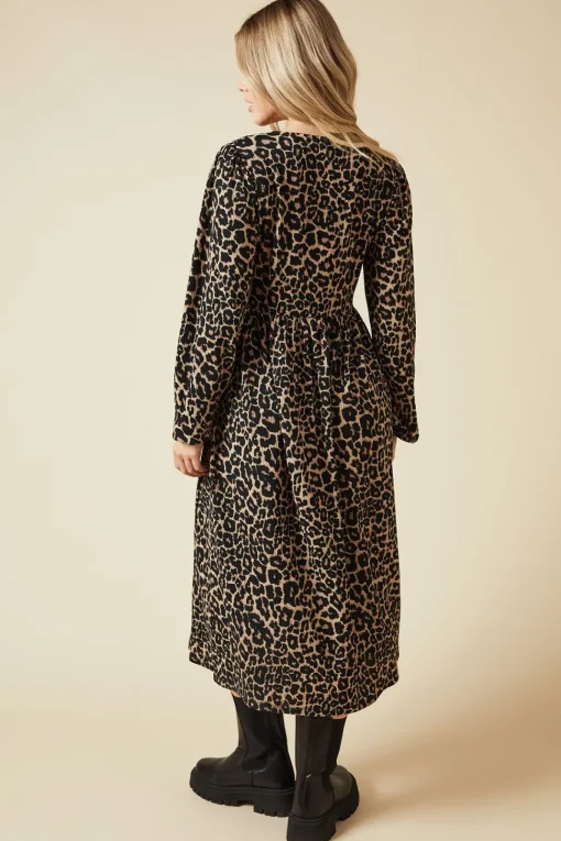 Animal Bow Tie Front Long Sleeve Midi Dress