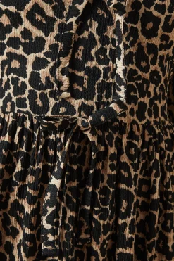 Animal Bow Tie Front Long Sleeve Midi Dress