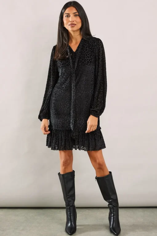 Animal Burnout Tie Neck Dress