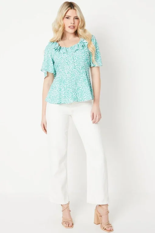 Animal Button Front Angel Sleeve Blouse