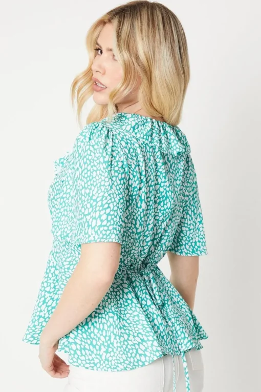 Animal Button Front Angel Sleeve Blouse