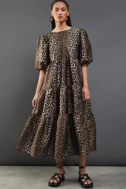 Animal Organza Puff Sleeve Midi Smock Dress