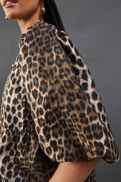 Animal Organza Puff Sleeve Midi Smock Dress