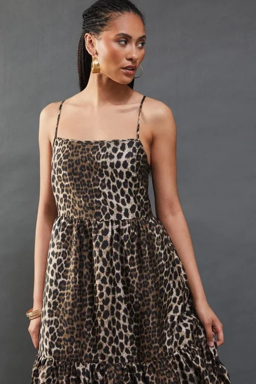 Animal Organza Strappy Smock Midi Dress