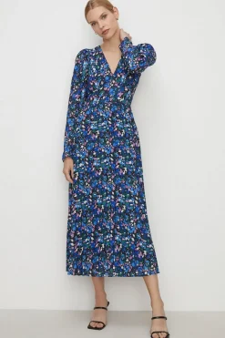 Animal Pleated V Neck Midi Dress