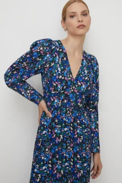 Animal Pleated V Neck Midi Dress
