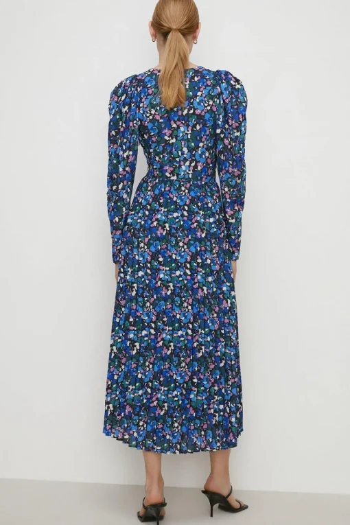 Animal Pleated V Neck Midi Dress