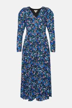 Animal Pleated V Neck Midi Dress