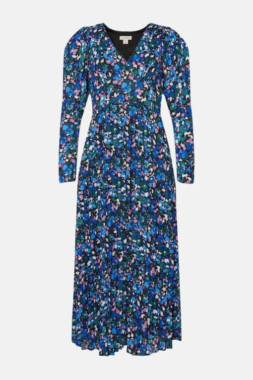 Animal Pleated V Neck Midi Dress