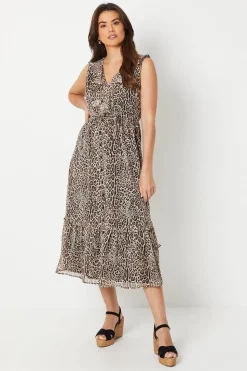 Animal Print Chiffon Sleeveless Ruffle Waisted Midi Dress