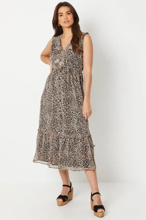 Animal Print Chiffon Sleeveless Ruffle Waisted Midi Dress
