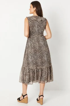 Animal Print Chiffon Sleeveless Ruffle Waisted Midi Dress
