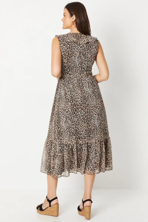Animal Print Chiffon Sleeveless Ruffle Waisted Midi Dress