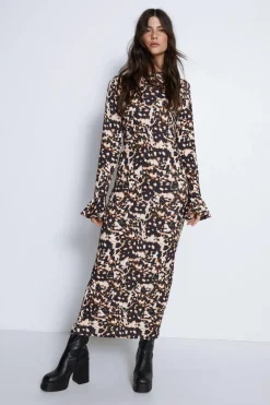 Animal Print Flute Sleeve Midi Dress