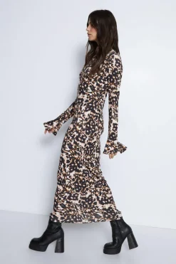 Animal Print Flute Sleeve Midi Dress