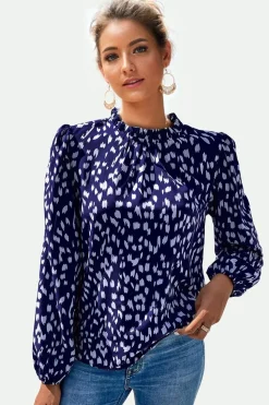 Animal Print Frill Detail High Neck Top In Navy