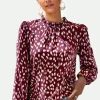 Animal Print Frill Detail High Neck Top In Wine