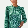 Animal Print Frill Detail High Neck Top In Green