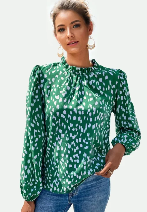 Animal Print Frill Detail High Neck Top In Green