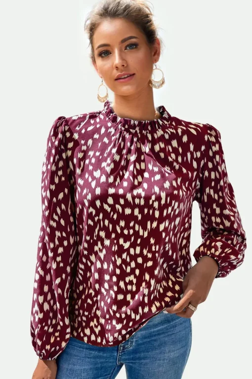 Animal Print Frill Detail High Neck Top In Wine