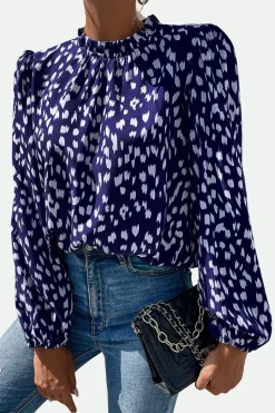Animal Print Frill Detail High Neck Top In Navy