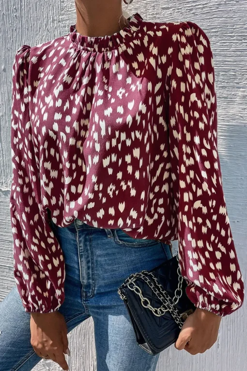 Animal Print Frill Detail High Neck Top In Wine