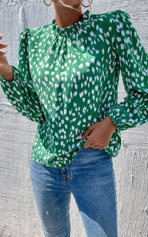 Animal Print Frill Detail High Neck Top In Green