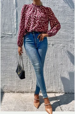 Animal Print Frill Detail High Neck Top In Wine