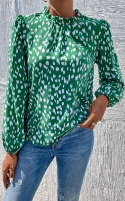 Animal Print Frill Detail High Neck Top In Green