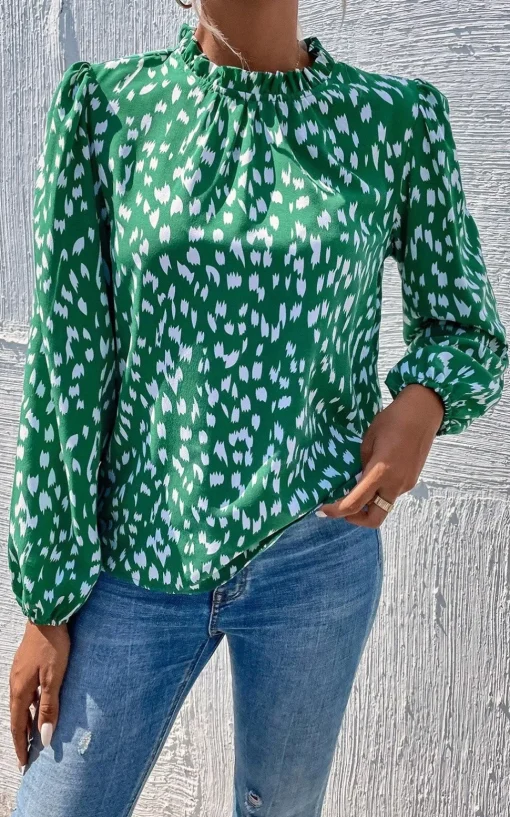 Animal Print Frill Detail High Neck Top In Green