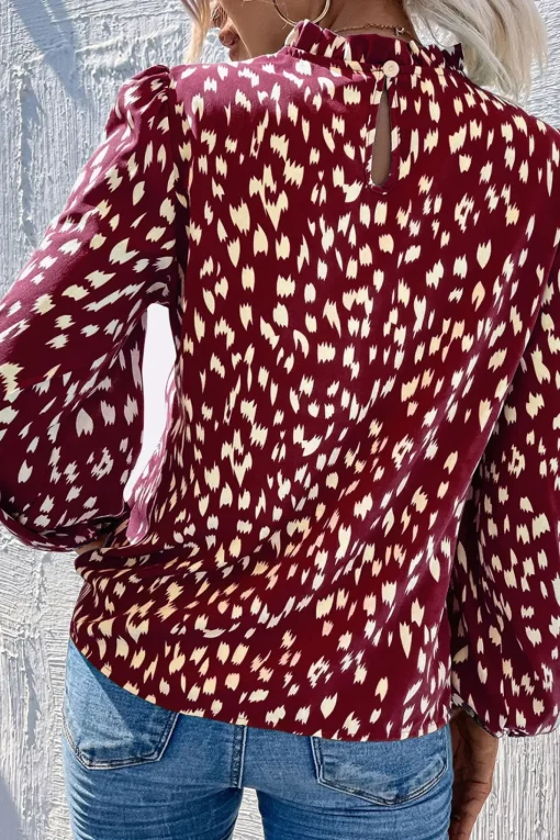 Animal Print Frill Detail High Neck Top In Wine