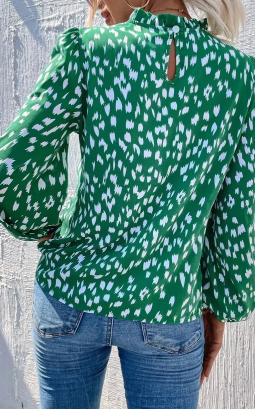 Animal Print Frill Detail High Neck Top In Green