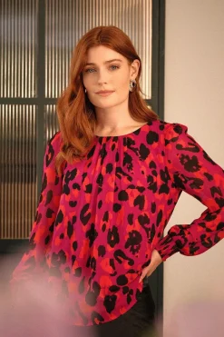 Animal Print Long Sleeve Ruched Blouse