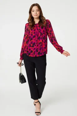 Animal Print Long Sleeve Ruched Blouse