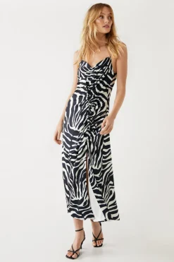 Animal Print Ruched Diamante Strap Slip Dress