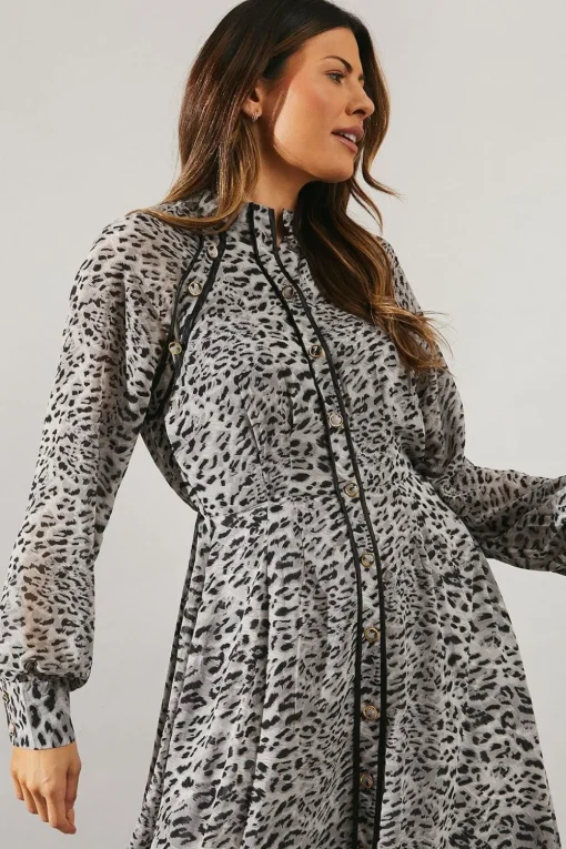 Animal Print Stud Detail Shirt Dress