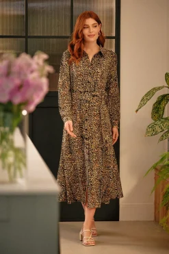 Animal Print Tie Waist Midi Shirt Dress