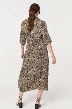 Animal Print Tie Waist Midi Shirt Dress