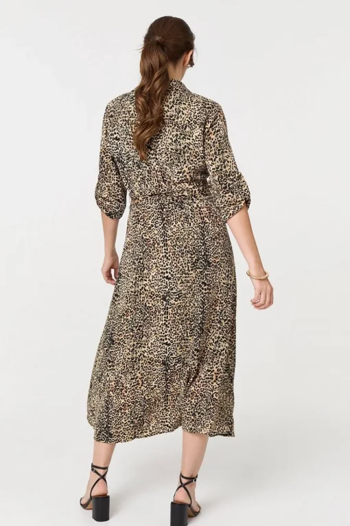 Animal Print Tie Waist Midi Shirt Dress