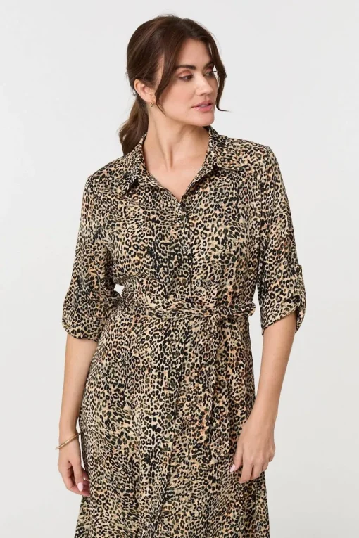Animal Print Tie Waist Midi Shirt Dress