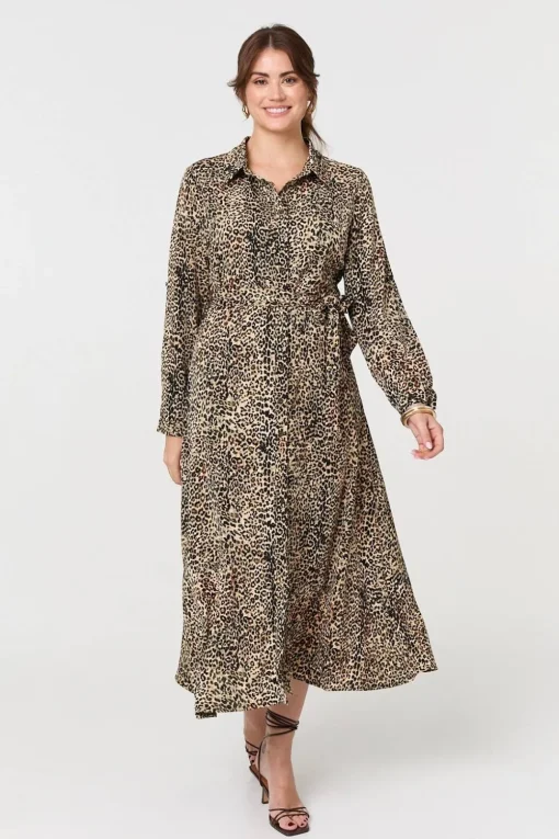 Animal Print Tie Waist Midi Shirt Dress